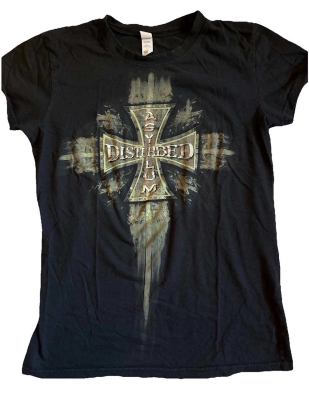 Disturbed Asylum Black Tee Size Large Fitted T-Shirt Cross Chopper Graphic
